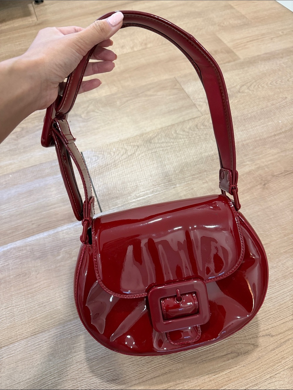Charles & Keith Glossy Red Patent Shoulder Bag with Buckle
